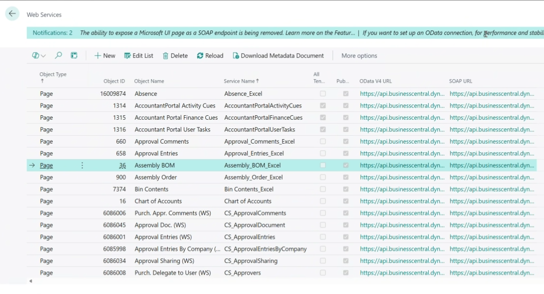 Business Central Web Services page showing the Assembly BOM service published