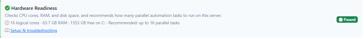 The Hardware Readiness card on the Automations engine home page