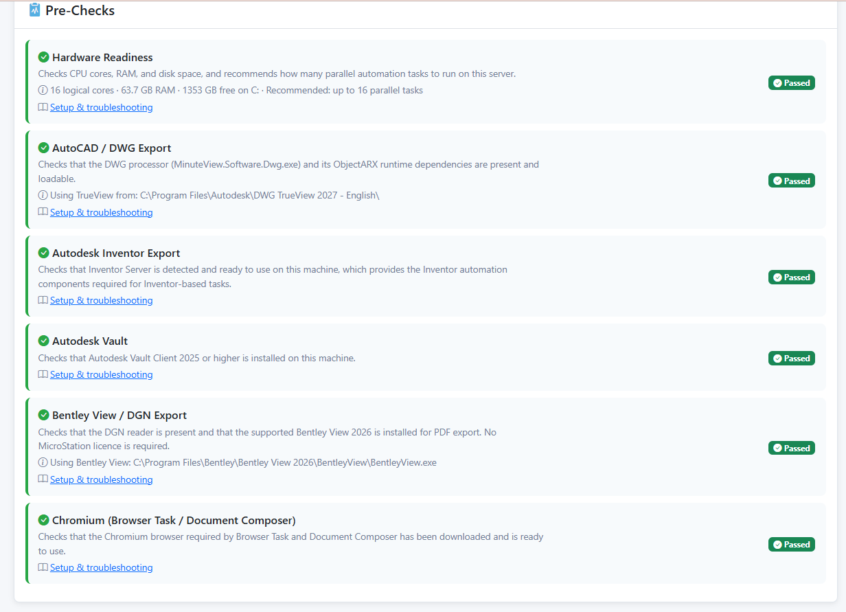 The readiness checks on the Automations engine home page