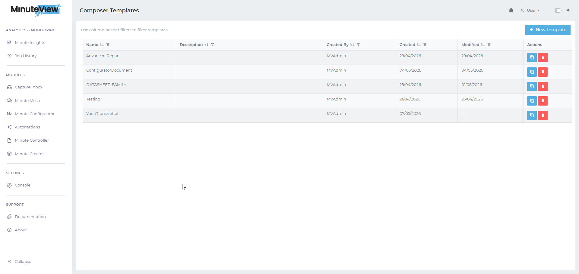 Document Composer Studio — template list