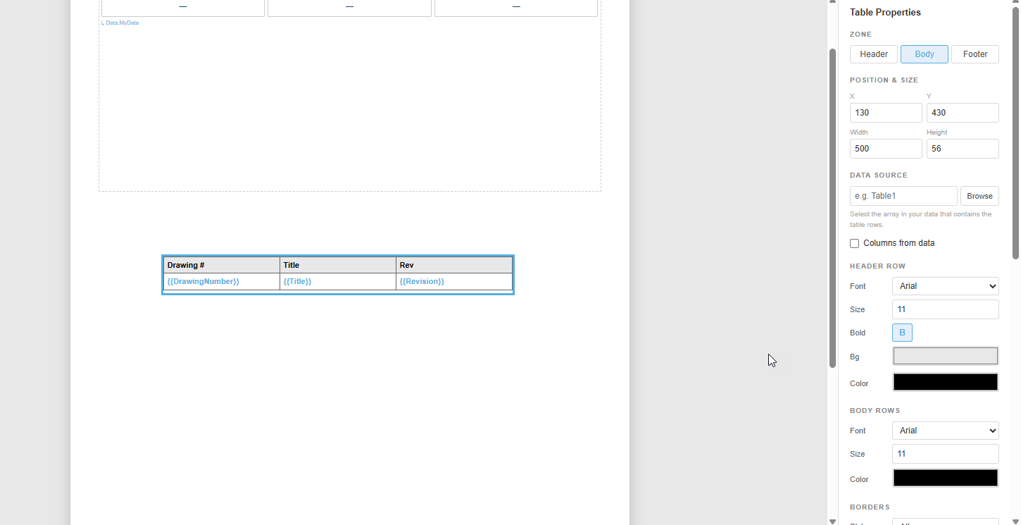 Table component on the canvas