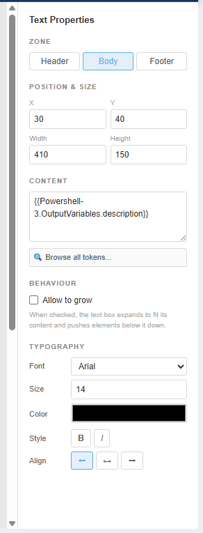 Token browser panel in Document Composer Studio
