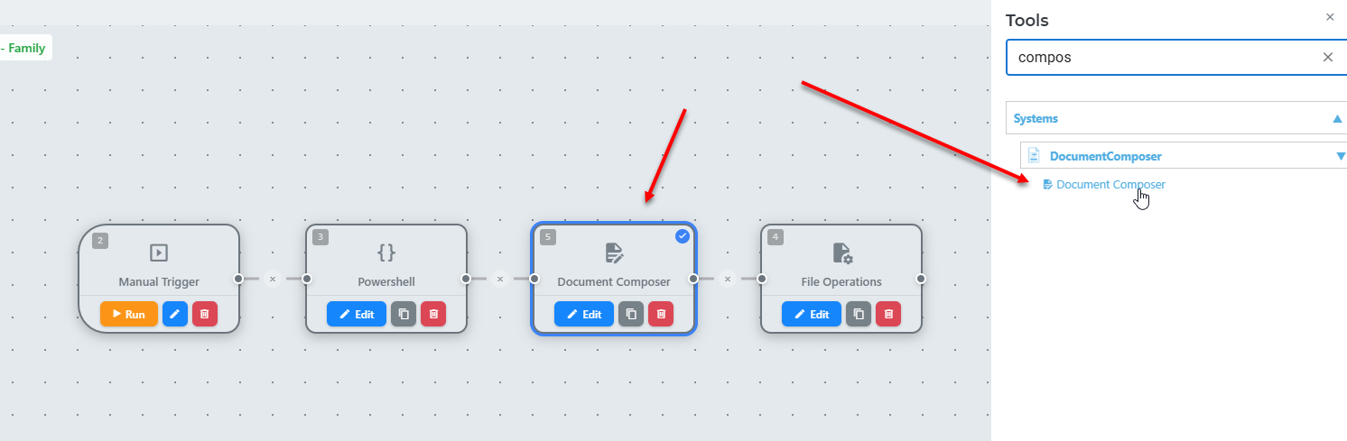 Adding a Document Composer node in the Workflow editor