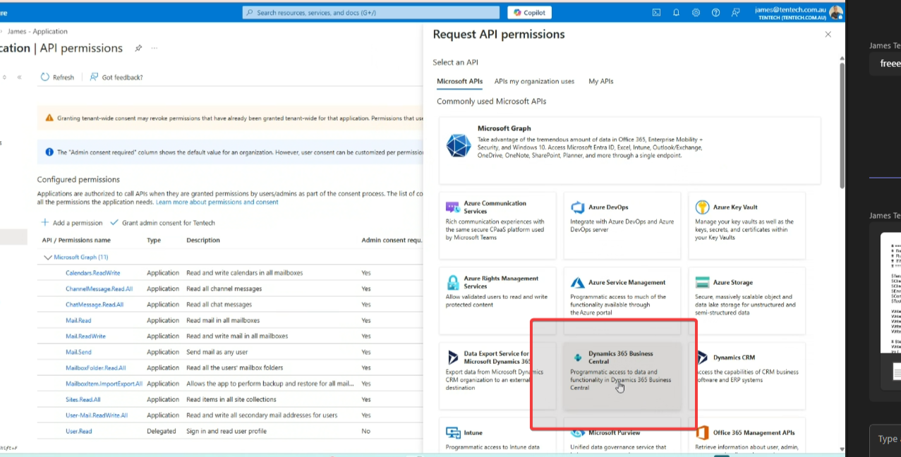 Azure app registration showing Dynamics 365 Business Central API permission granted