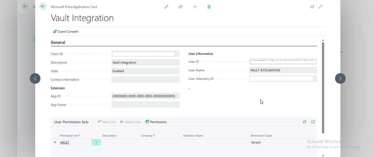 Business Central Microsoft Entra Applications page showing the MinuteView app with permission sets assigned
