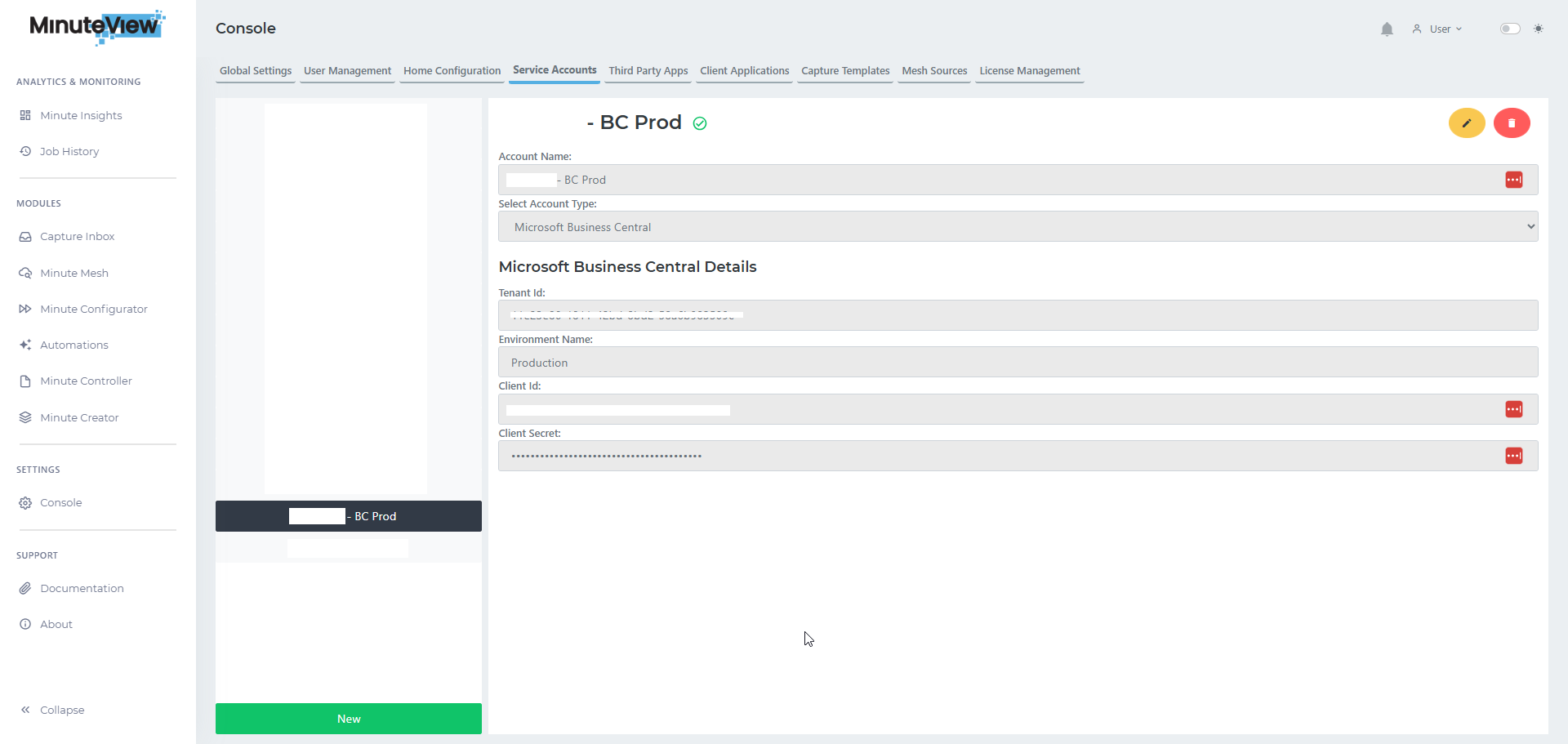 MinuteView Console service account configuration for Business Central